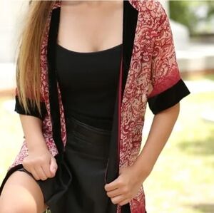 Anthropologie Petticoat Alley Velvet Fringed Kimono Open Front Cardigan Duster